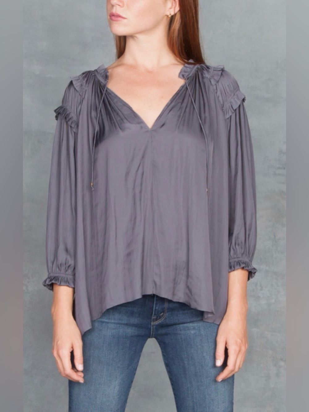 Ulla Johnson Amaya Gray Ruffle-Trim Peasant Blouse